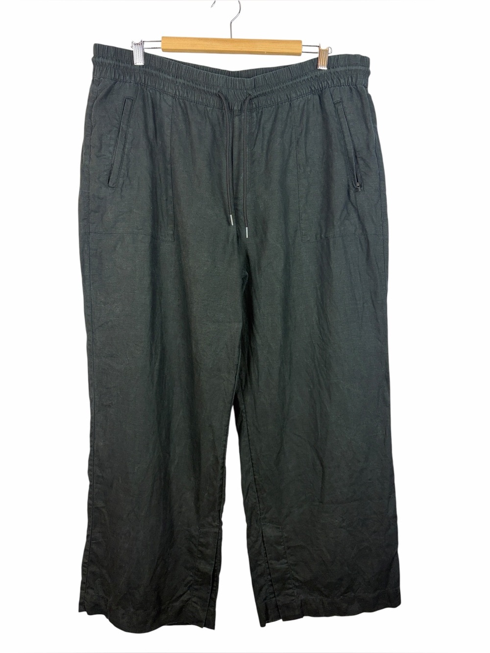 Athleta 100% Linen Wide Leg Crop Pants Black XL Pull-On Coastal Travel
